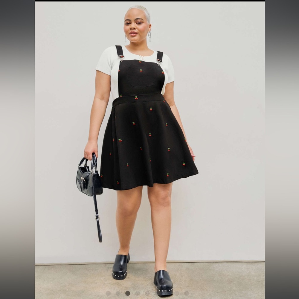 CHERRY EMBROIDERY BUCKLE UP POCKET MINI DRESS CURVE & PLUS